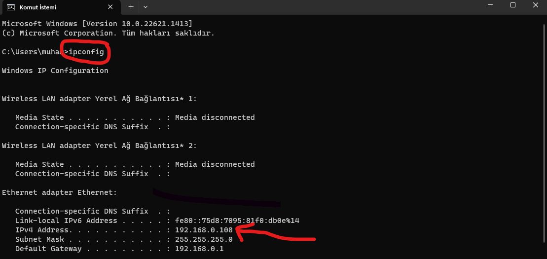 ipconfig/ private ip'ni öğren